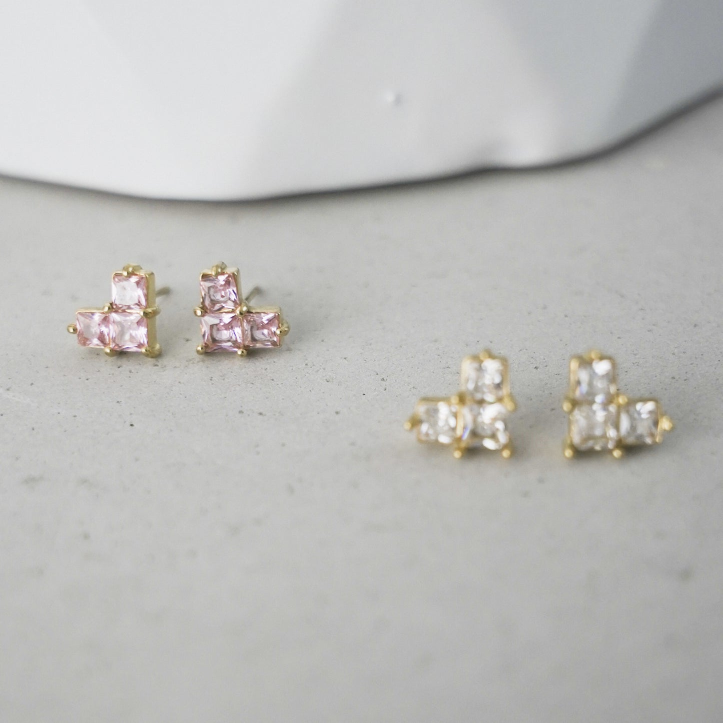 Subtle Tetris Hearts - CZ tetris earring in white and pink