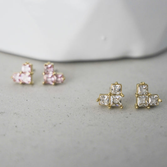 Subtle Tetris Hearts - CZ tetris earring in white and pink